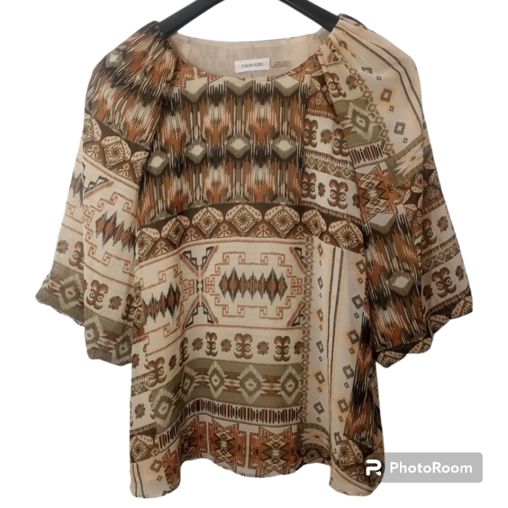 Calvin Klein Printed Crew Neck Elbow Length Sleeve Blouse Size Large